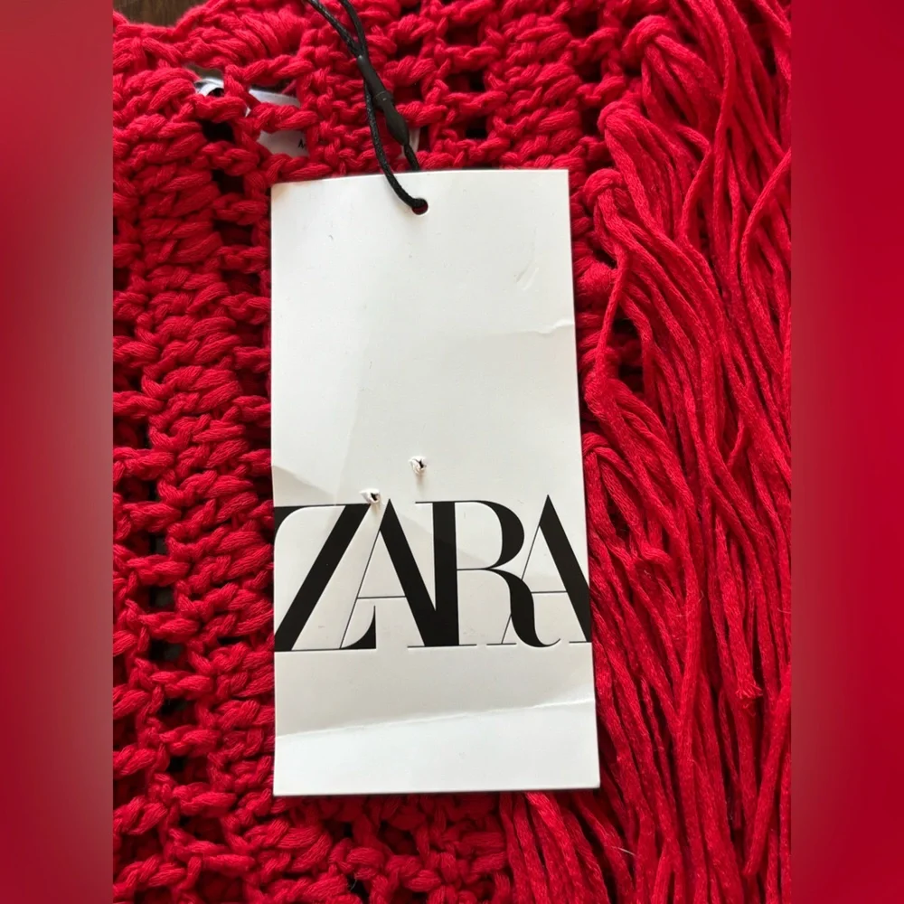 Zara Red Crochet Fringe Knit Sleeveless Crop Top M Weatern Festival Boho NEW - Picture 6 of 12